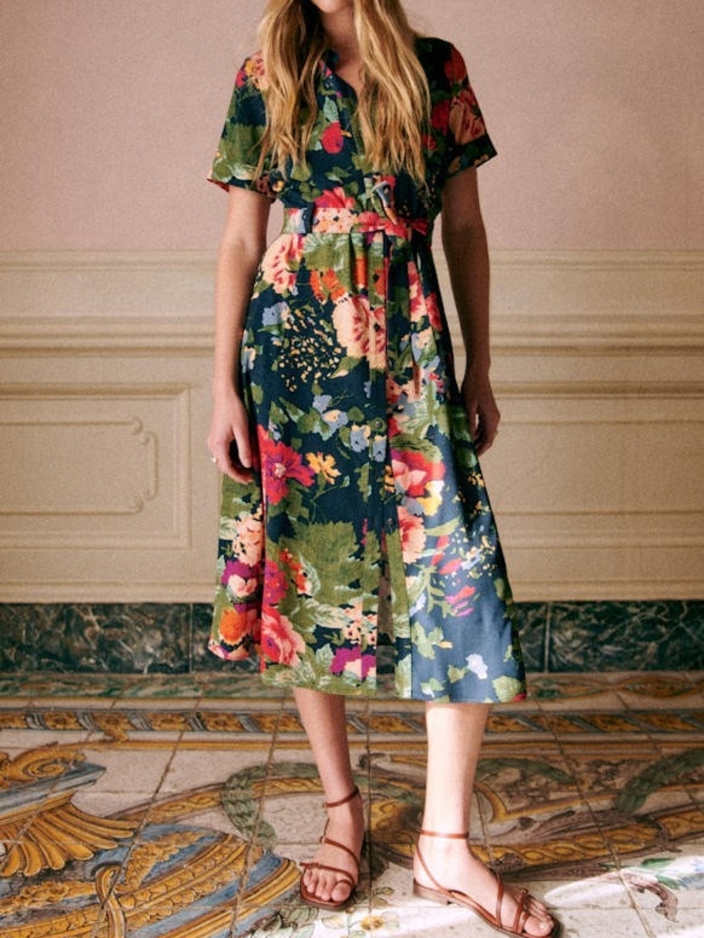 Sezane Navy Floral Button-Front Midi Dress with Belt